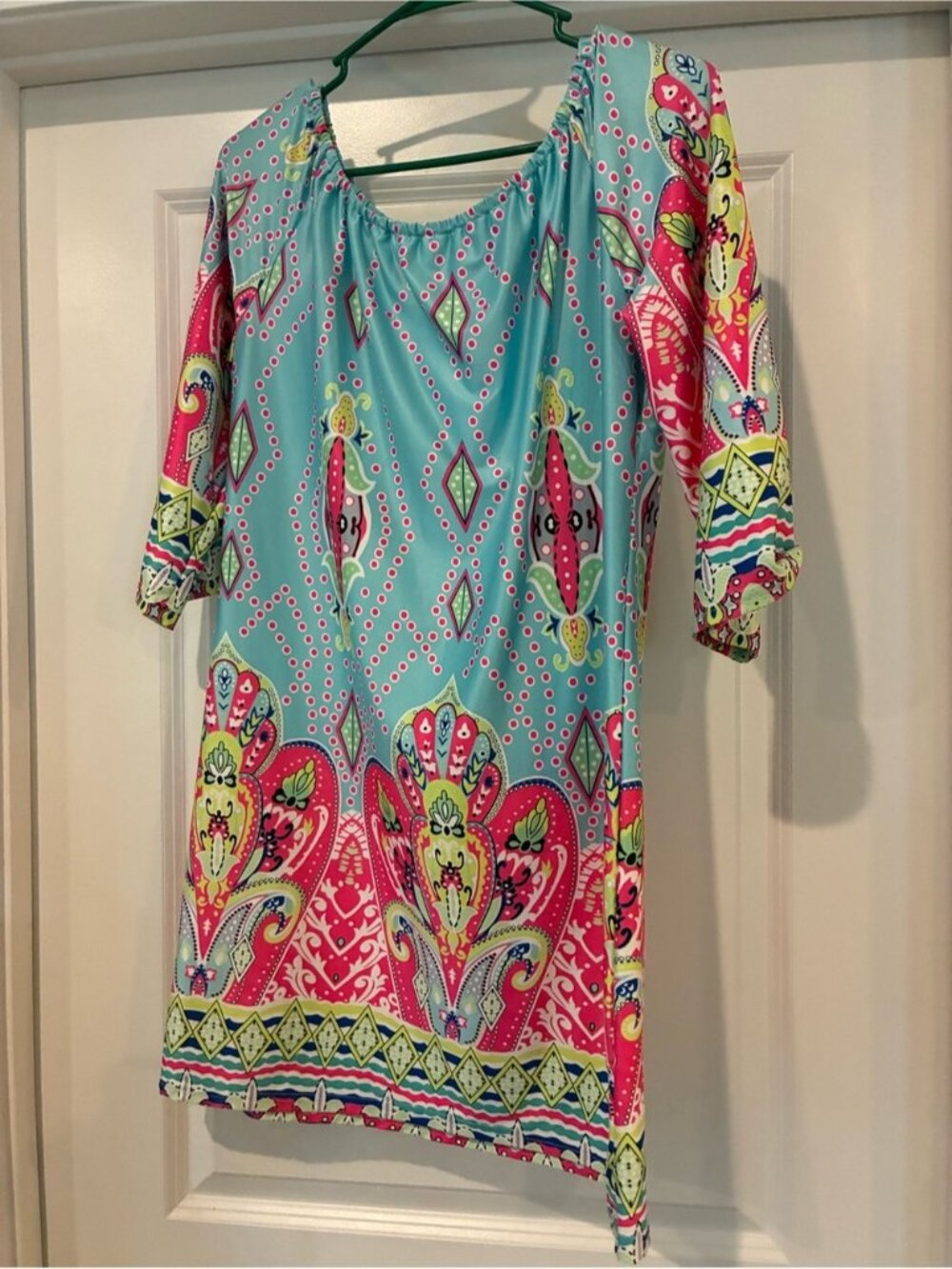 Women’s Aqua and Pink Printed Midi Dress